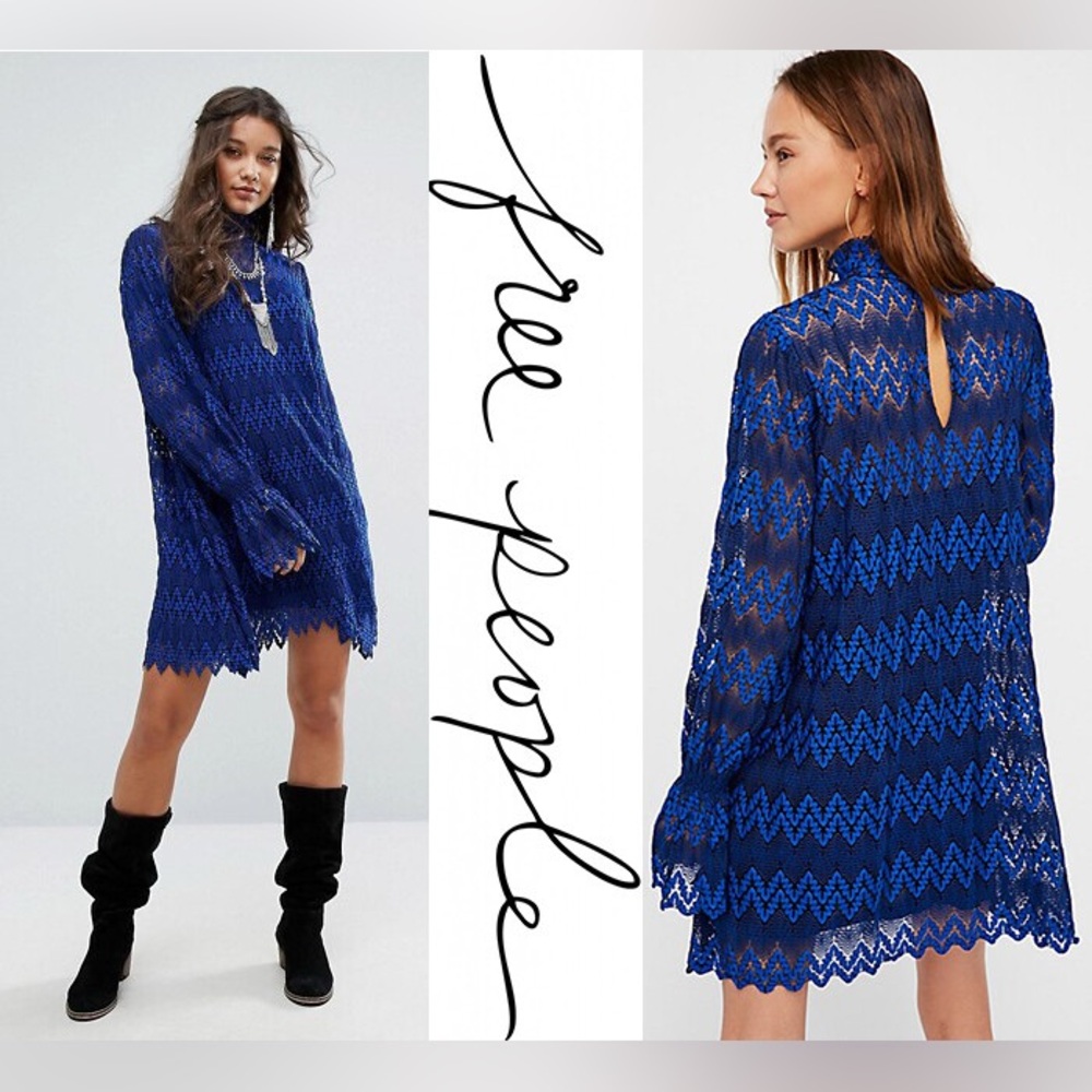 Free People Royal Blue Lace Long-Sleeve Mini Dress